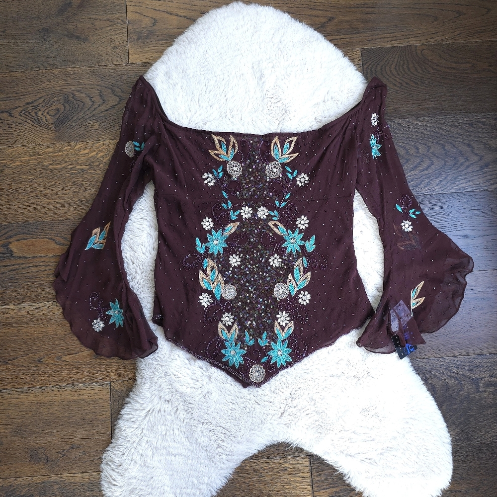 Y2K Aftershock Silk Deadstock Beaded Embroidered Brown Blue Flare Sleeve Top